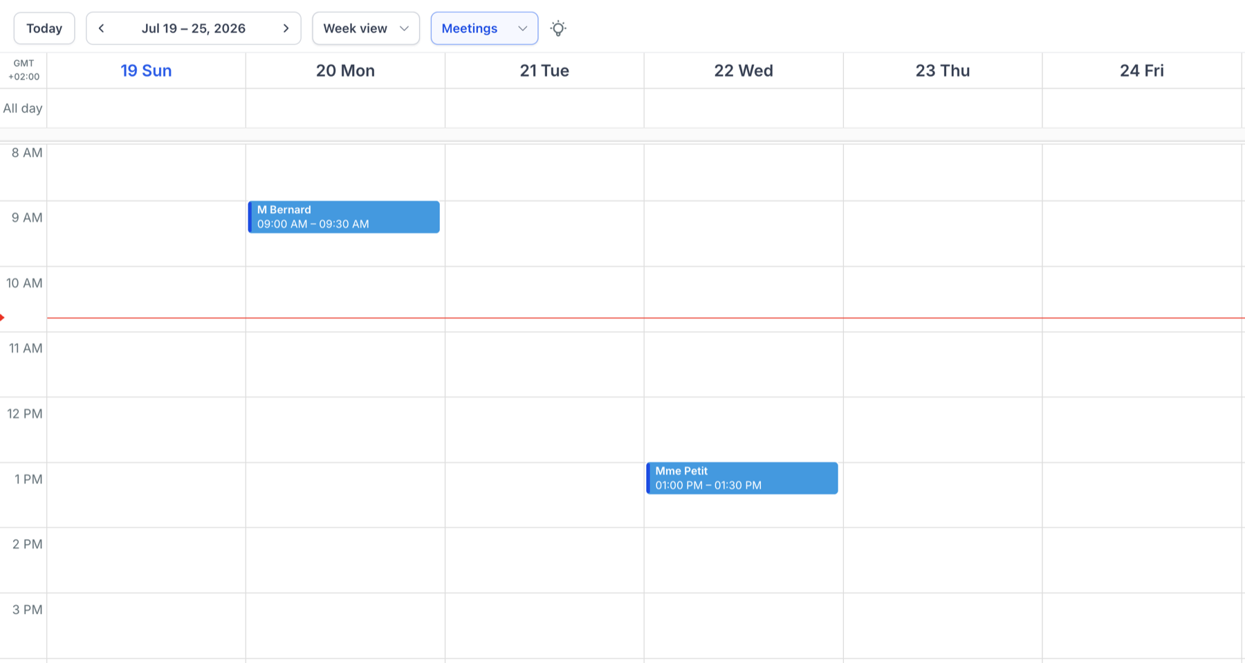 L'agenda hebdomadaire avec les rendez-vous clients confirmés