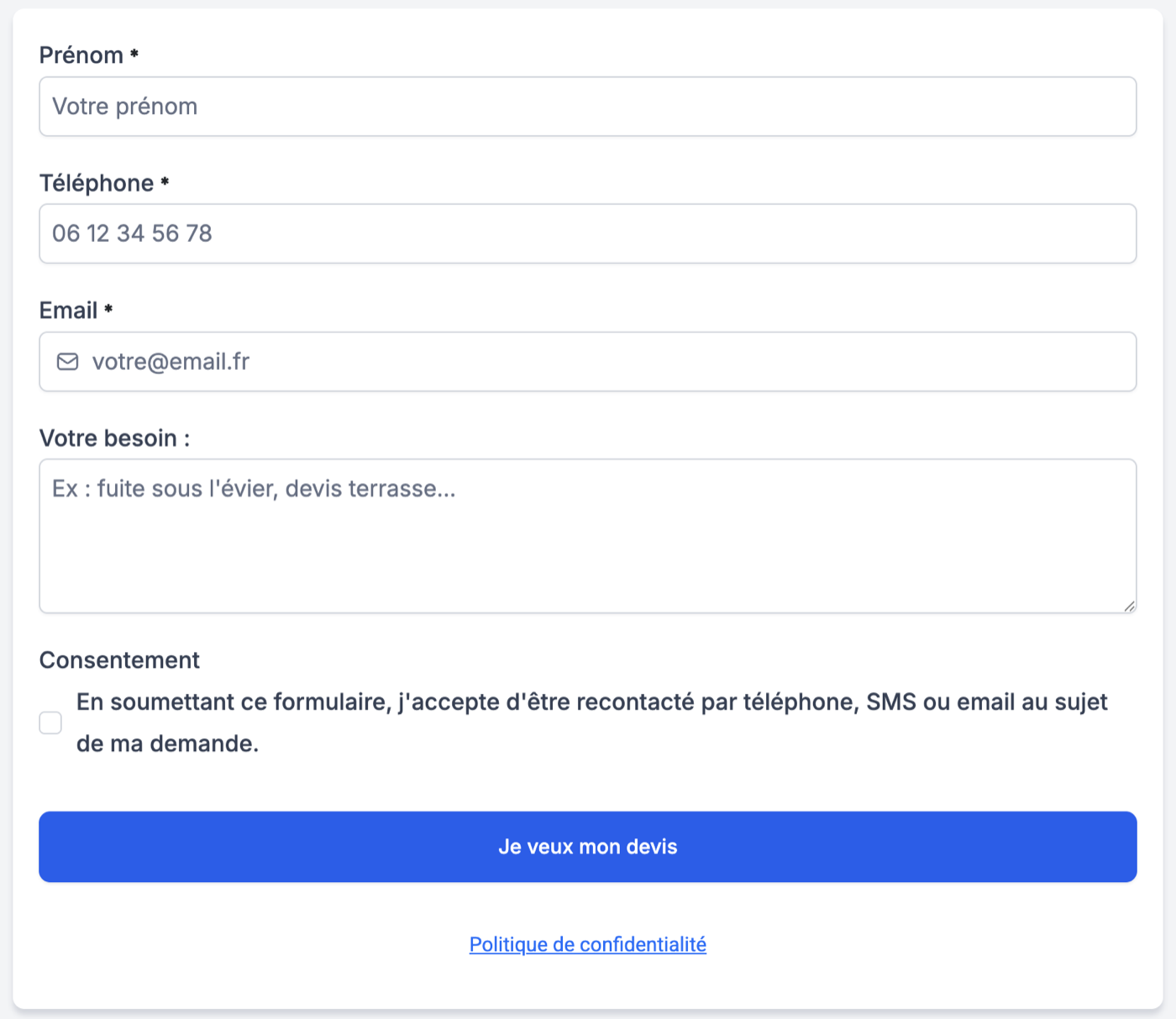 Le formulaire de demande de devis intégré au site : prénom, téléphone, email, besoin